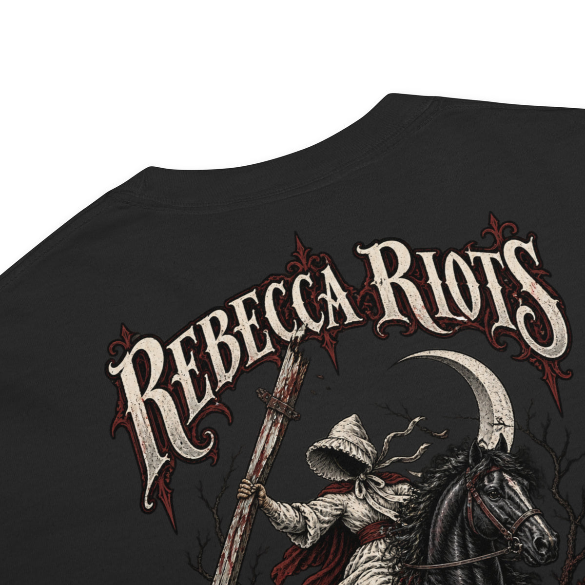 Fabric and garment detail of black Corrupt Couture Rebecca Riots heavyweight T-shirt