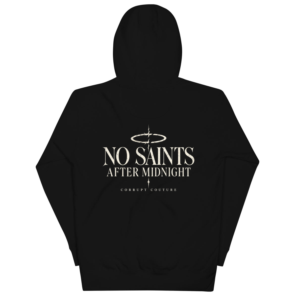 Alternative back view of black Corrupt Couture No Saints hoodie