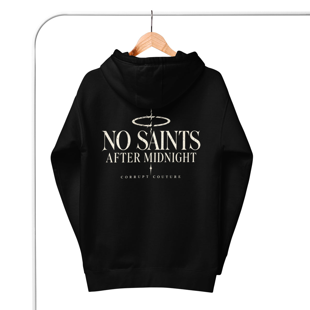 Full back view of black Corrupt Couture No Saints pullover hoodie