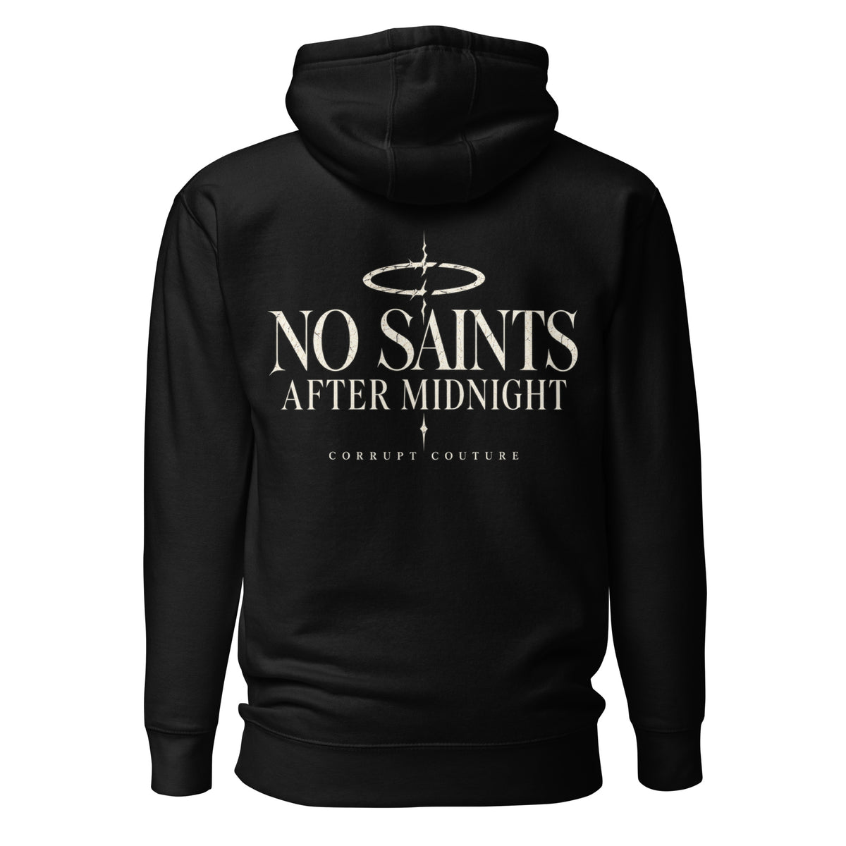 Back view of black Corrupt Couture No Saints unisex hoodie
