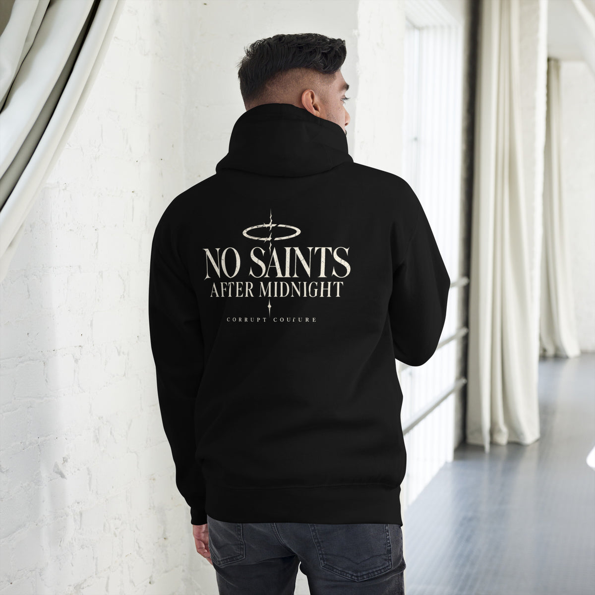 Second back product view of black Corrupt Couture No Saints hoodie