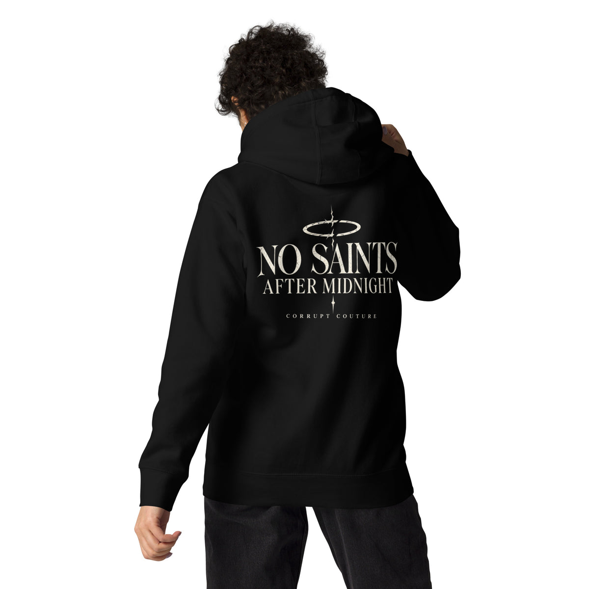 Alternative full back view of black Corrupt Couture No Saints hoodie