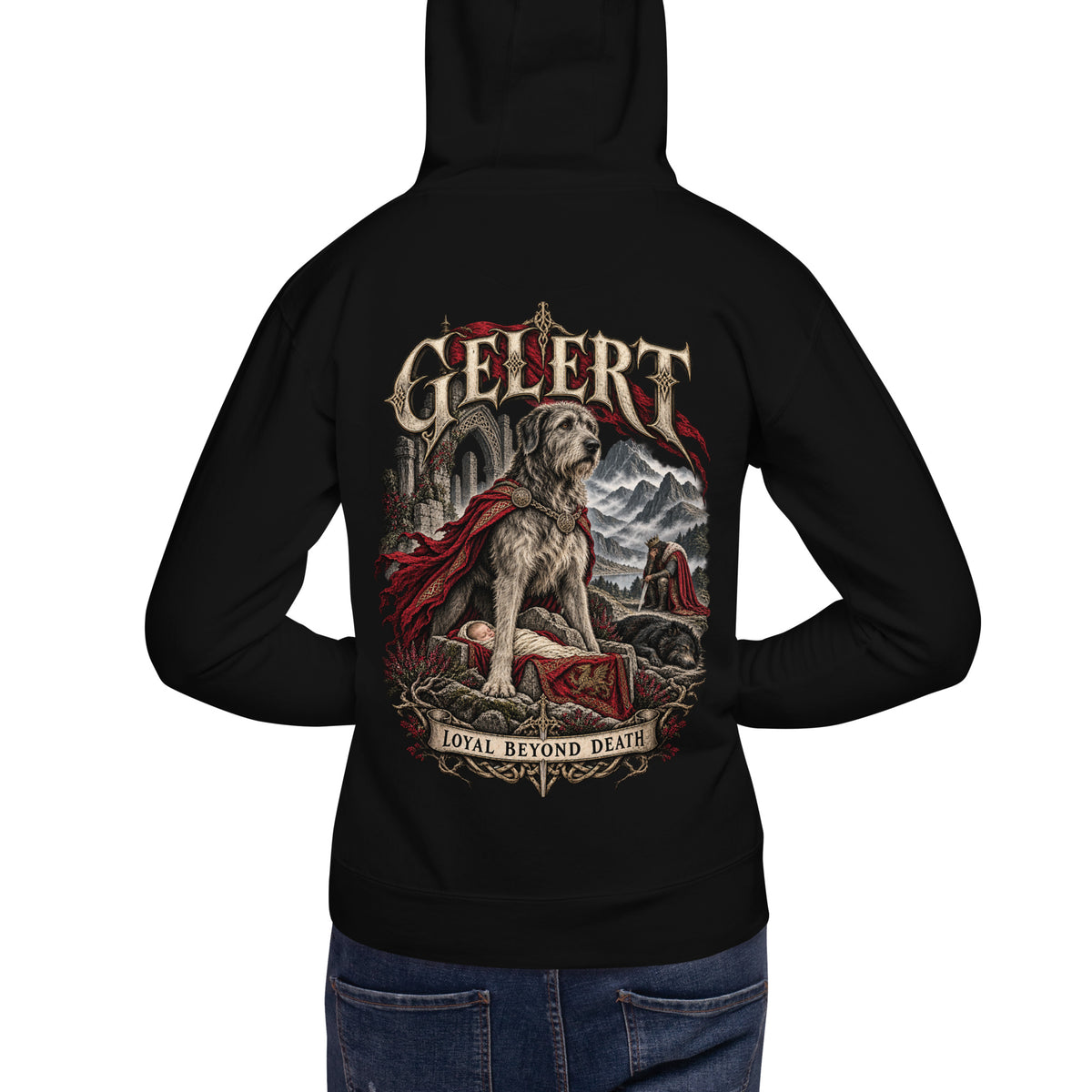 Back view of Gelert black hoodie in the Corrupt Couture Welsh Legends collection