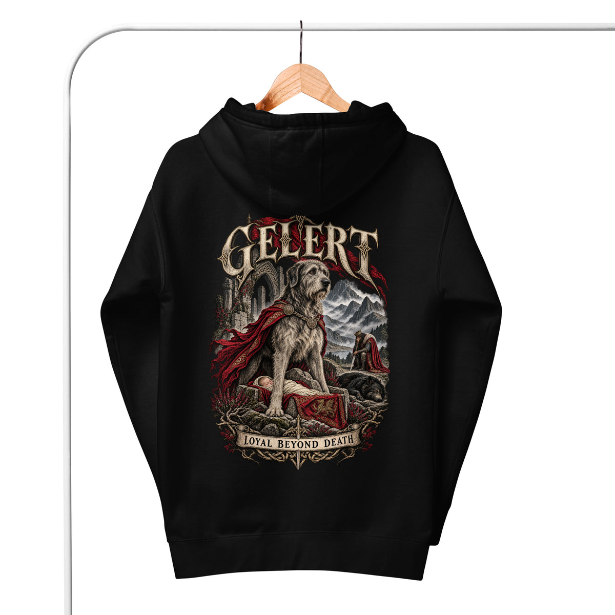 Back view of Gelert black hoodie in the Corrupt Couture Welsh Legends collection