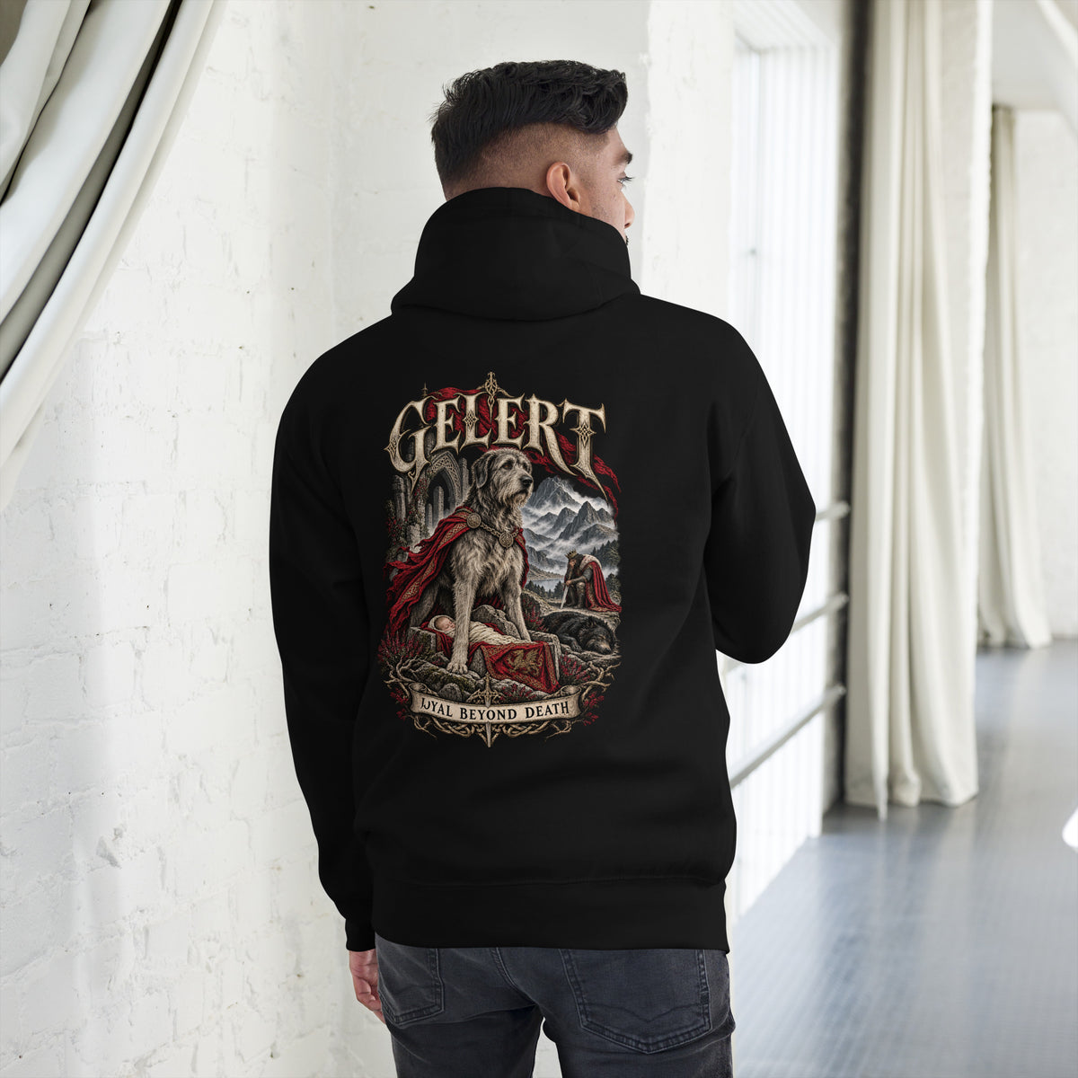 Back view of Gelert black hoodie in the Corrupt Couture Welsh Legends collection