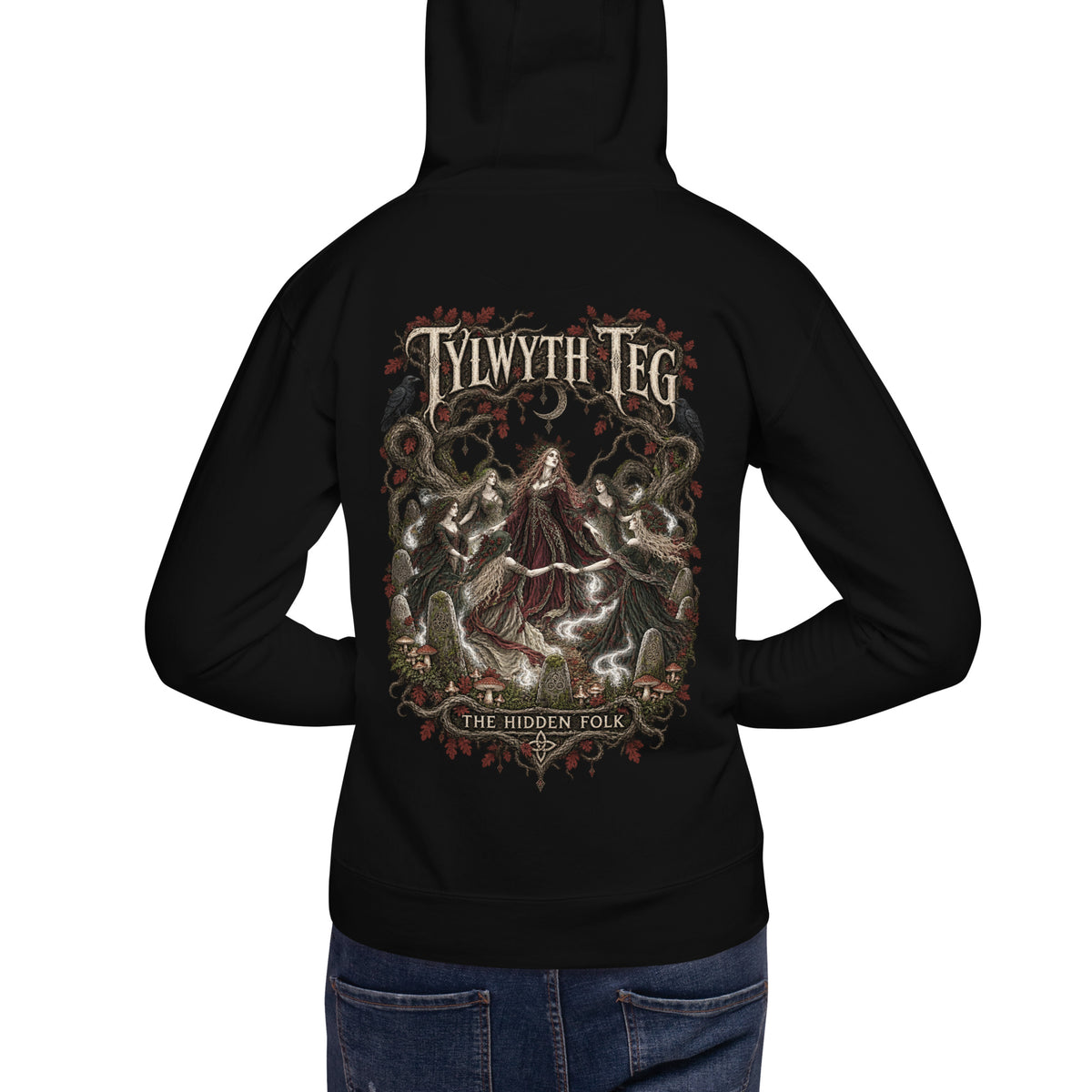 Back view of Tylwyth Teg black hoodie in the Corrupt Couture Welsh Legends collection