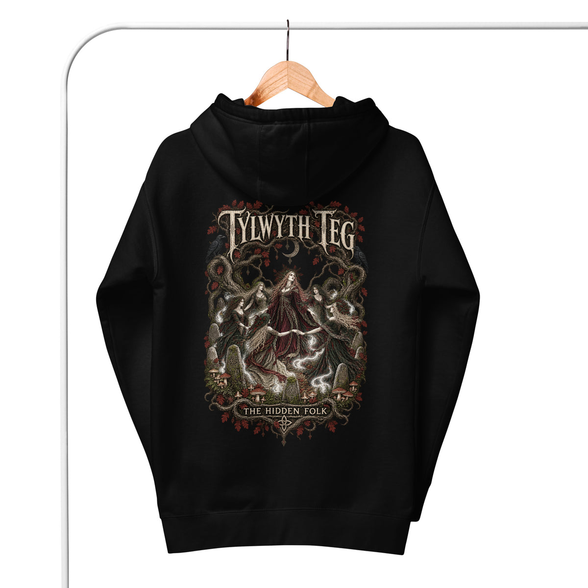 Back view of Tylwyth Teg black hoodie in the Corrupt Couture Welsh Legends collection