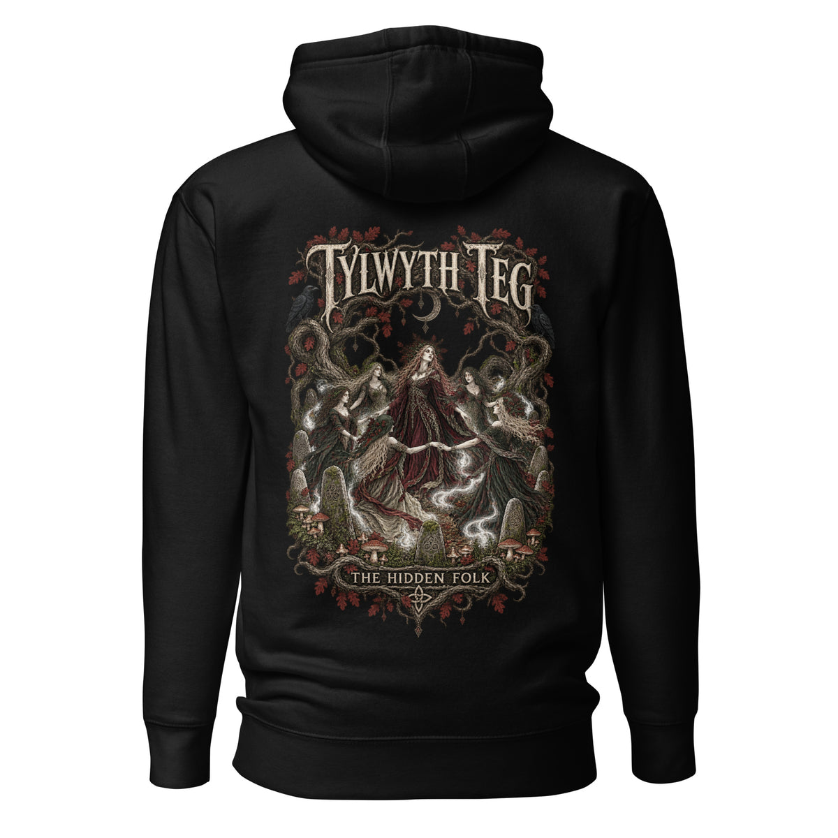 Back view of Tylwyth Teg black hoodie in the Corrupt Couture Welsh Legends collection