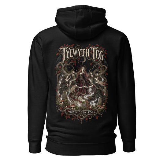 Back view of Tylwyth Teg black hoodie in the Corrupt Couture Welsh Legends collection