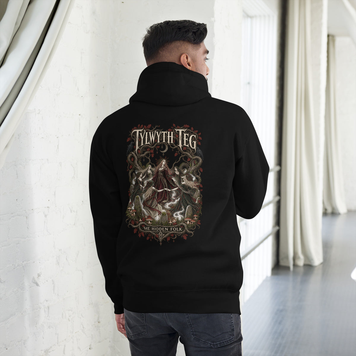 Back view of Tylwyth Teg black hoodie in the Corrupt Couture Welsh Legends collection