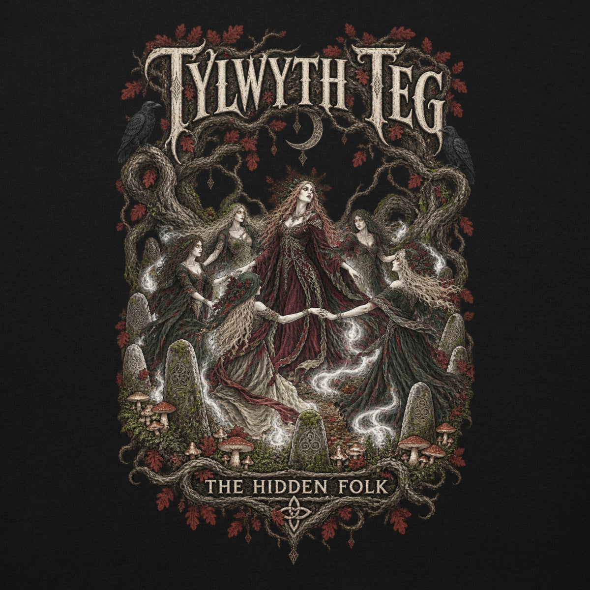 Back view of Tylwyth Teg black hoodie in the Corrupt Couture Welsh Legends collection