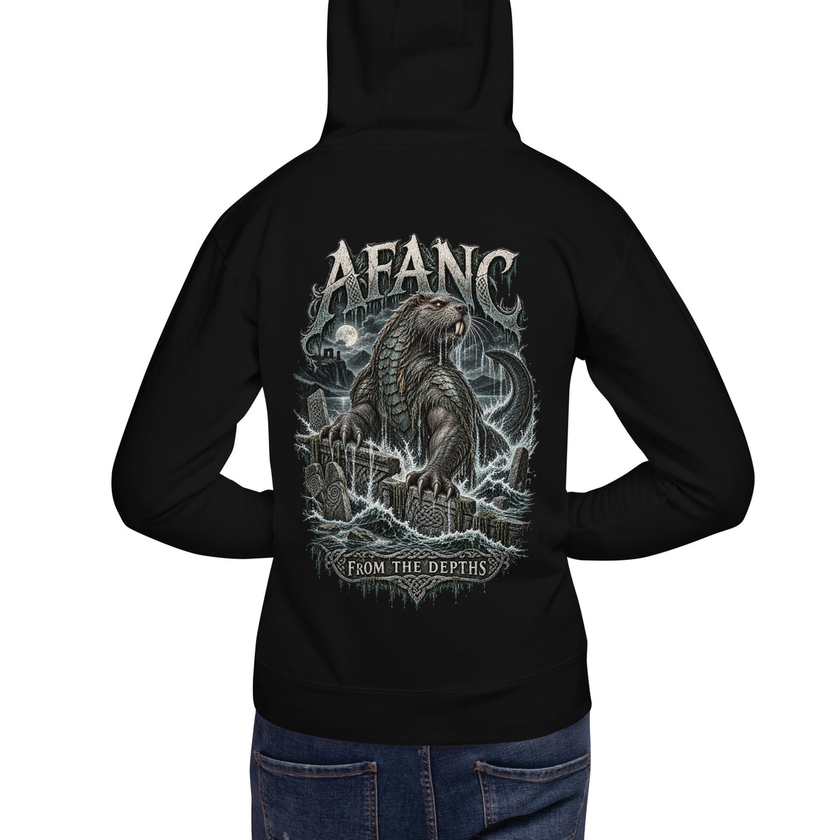 Back view of Afanc black hoodie in the Corrupt Couture Welsh Legends collection