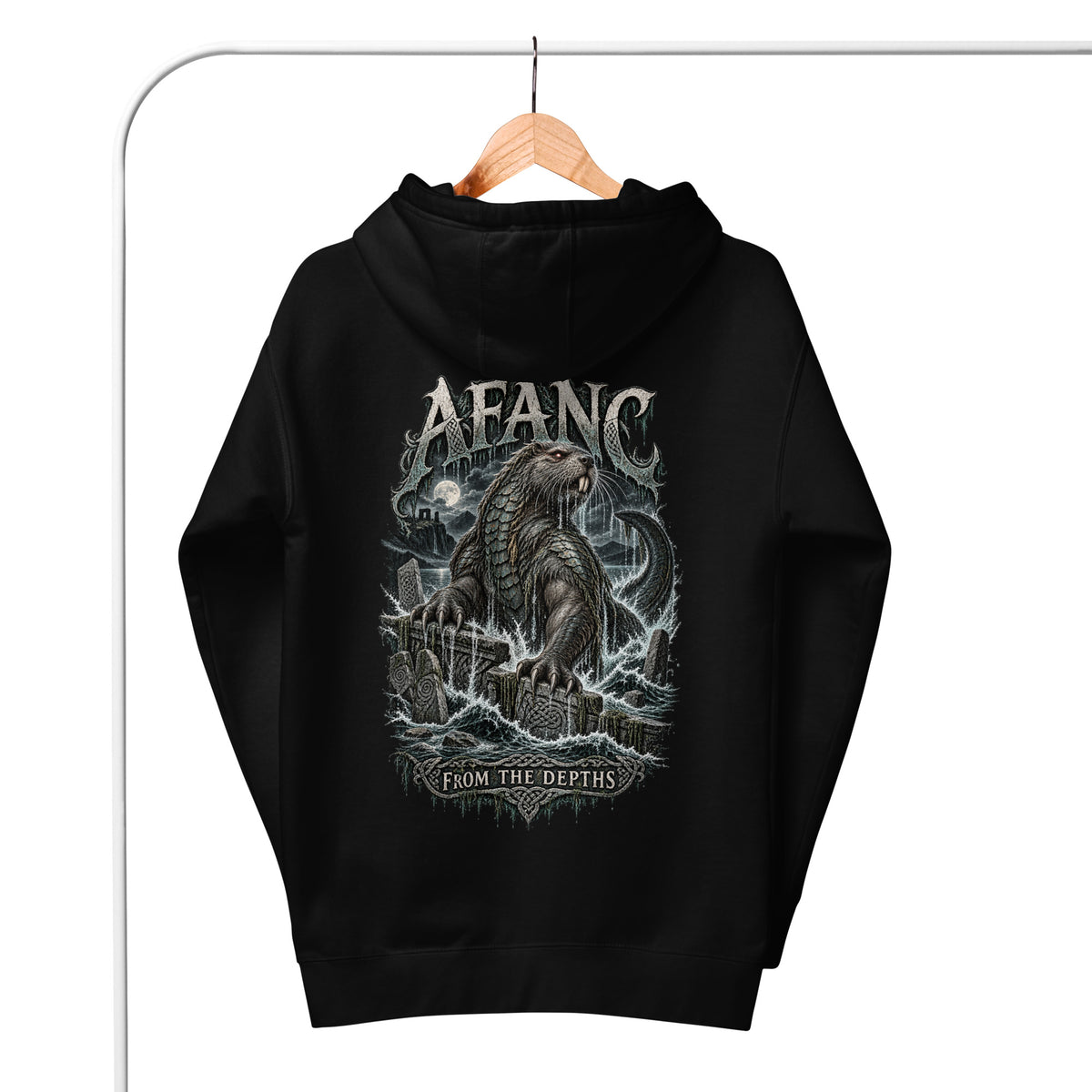 Back view of Afanc black hoodie in the Corrupt Couture Welsh Legends collection