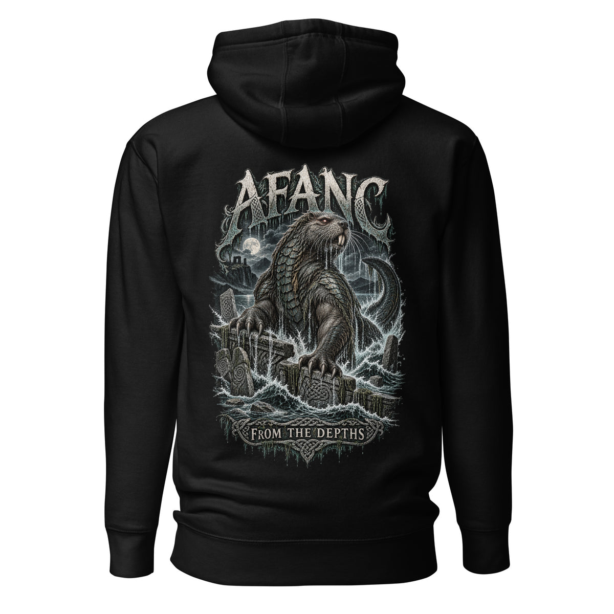 Back view of Afanc black hoodie in the Corrupt Couture Welsh Legends collection