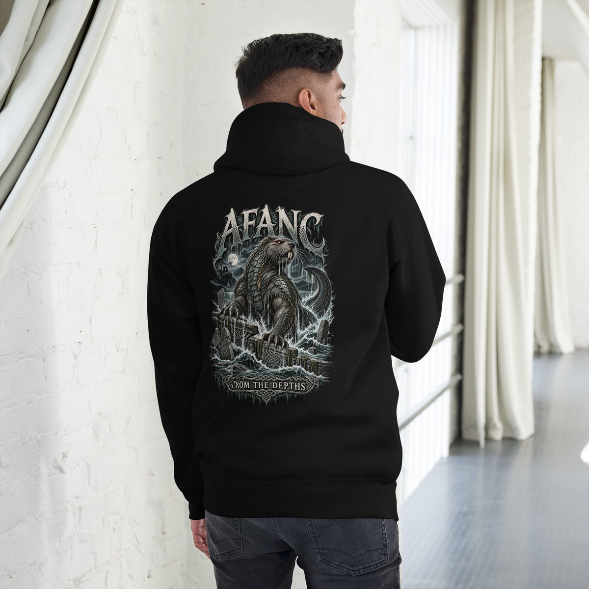 Back view of Afanc black hoodie in the Corrupt Couture Welsh Legends collection