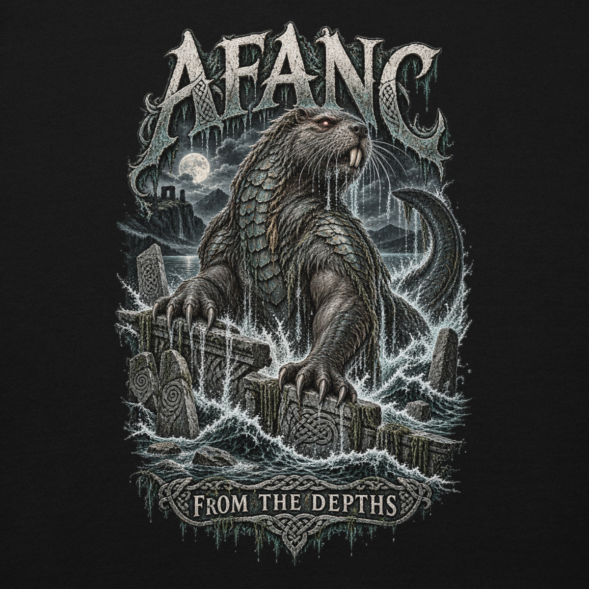 Back view of Afanc black hoodie in the Corrupt Couture Welsh Legends collection