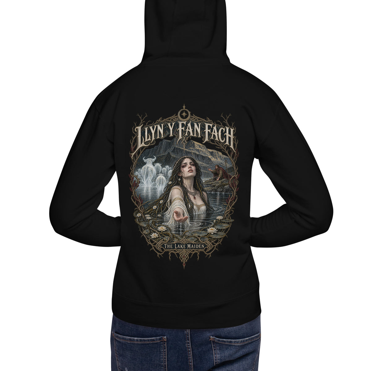 Back view of Llyn y Fan Fach black hoodie in the Corrupt Couture Welsh Legends collection