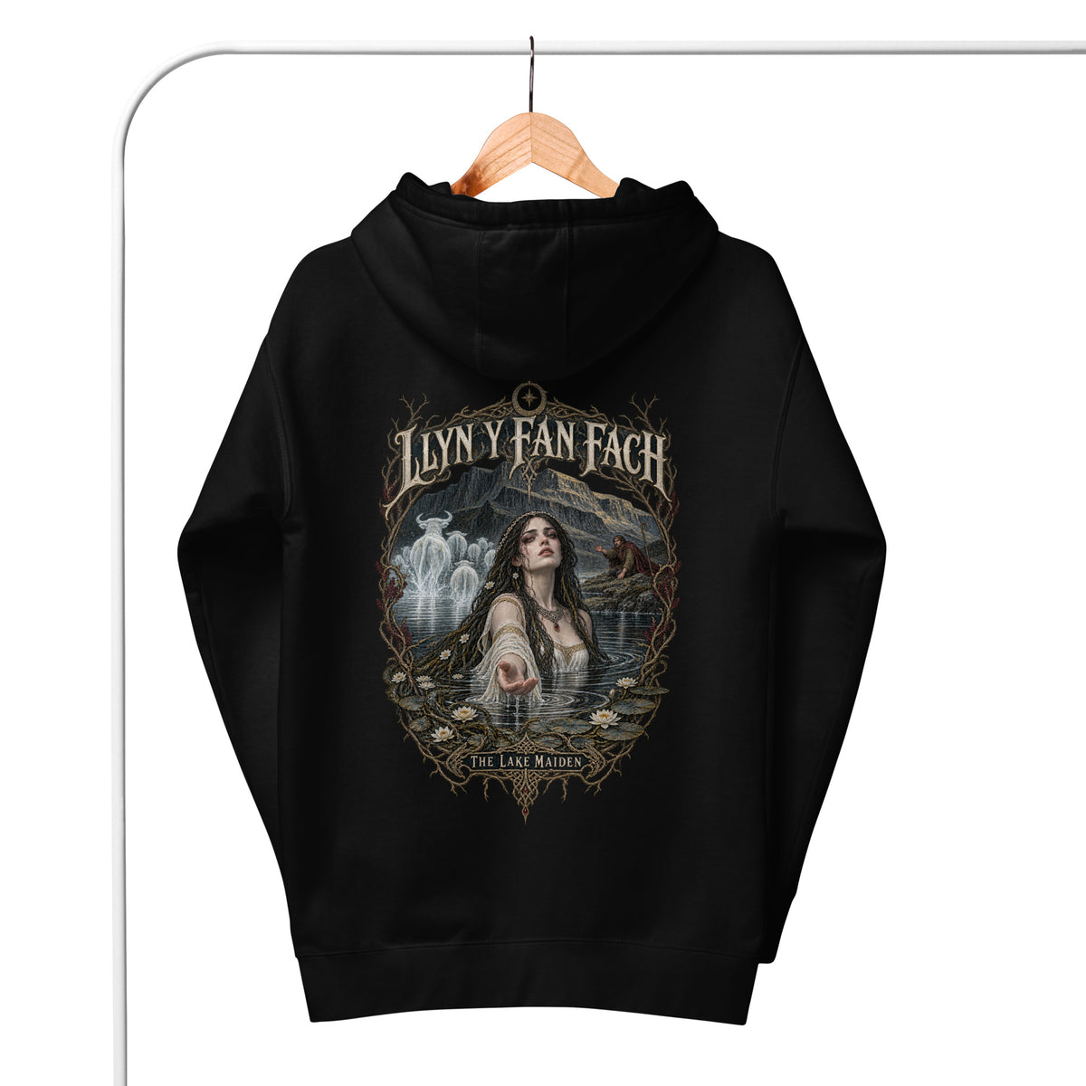 Back view of Llyn y Fan Fach black hoodie in the Corrupt Couture Welsh Legends collection
