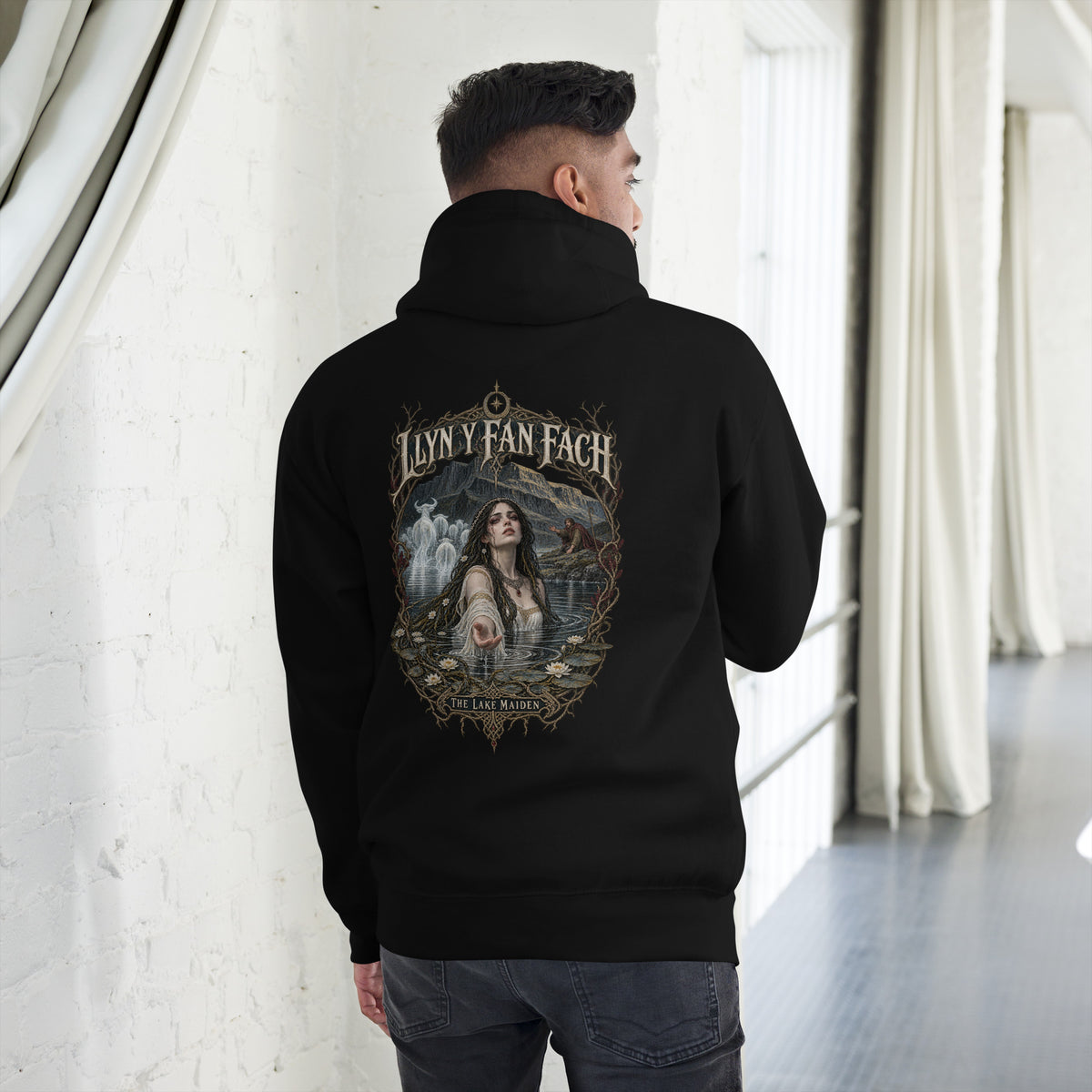 Back view of Llyn y Fan Fach black hoodie in the Corrupt Couture Welsh Legends collection