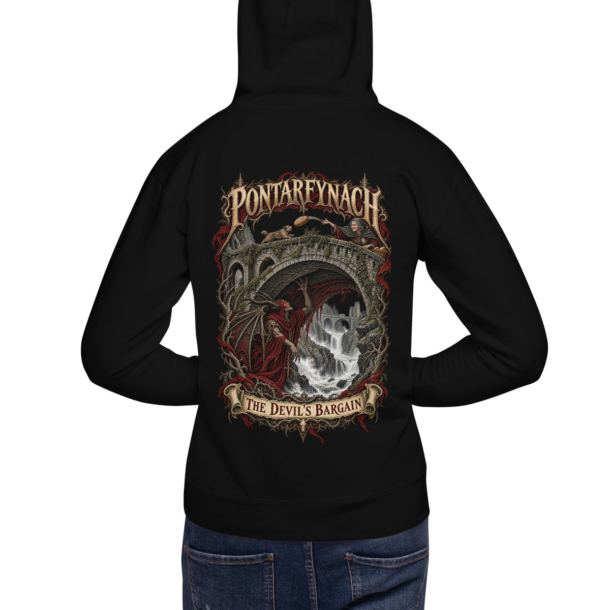 Back view of Pontarfynach black hoodie in the Corrupt Couture Welsh Legends collection