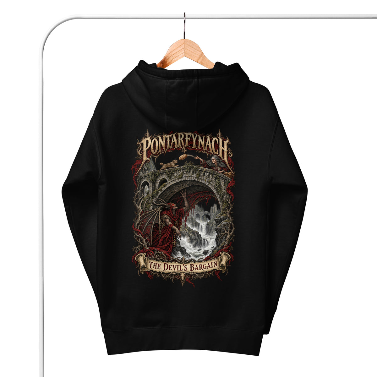 Back view of Pontarfynach black hoodie in the Corrupt Couture Welsh Legends collection