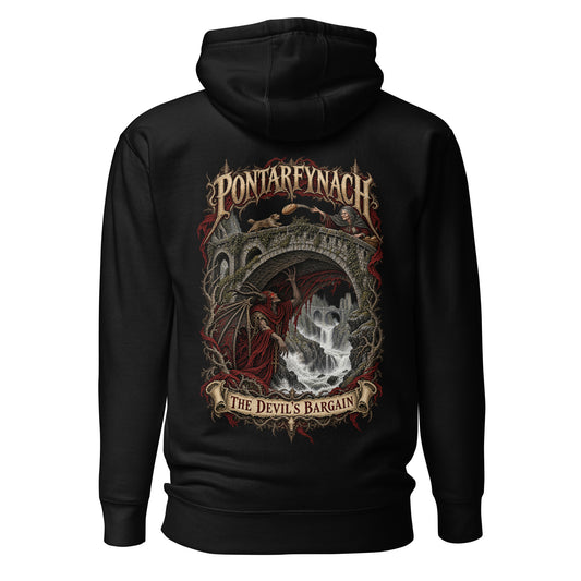 Back view of Pontarfynach black hoodie in the Corrupt Couture Welsh Legends collection
