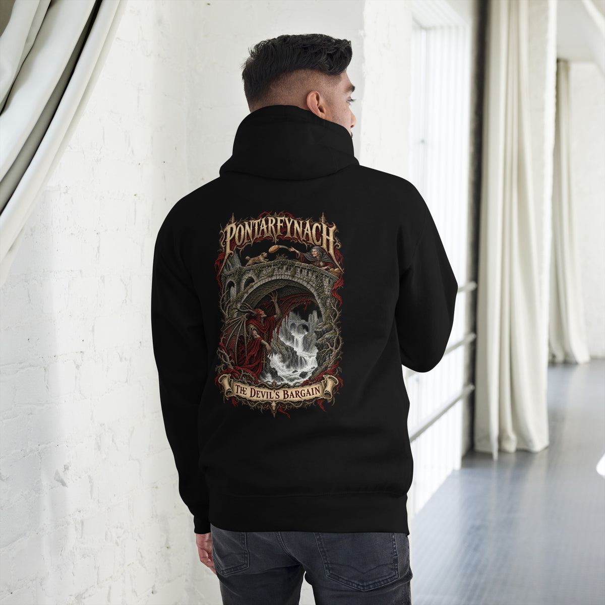 Back view of Pontarfynach black hoodie in the Corrupt Couture Welsh Legends collection