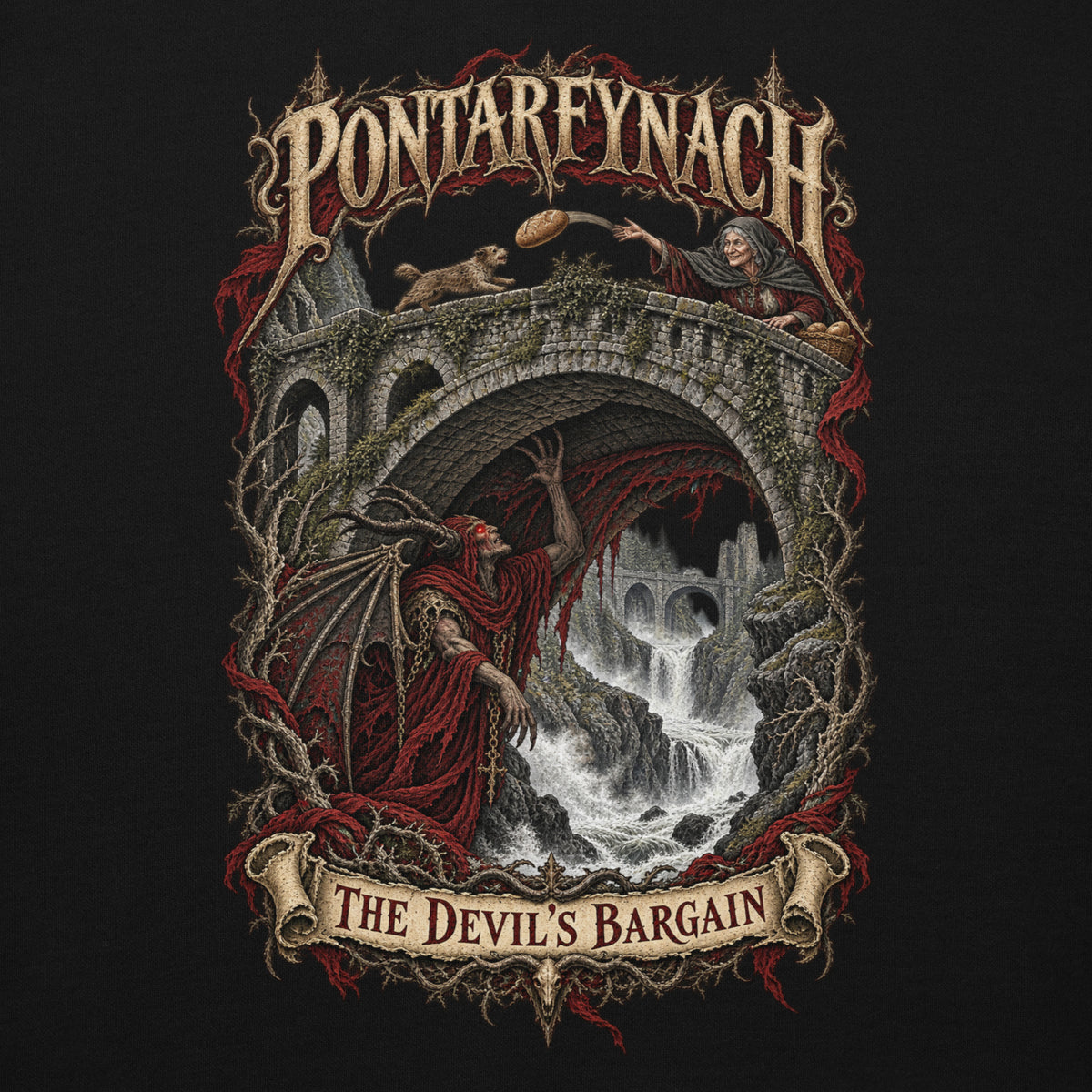 Back view of Pontarfynach black hoodie in the Corrupt Couture Welsh Legends collection
