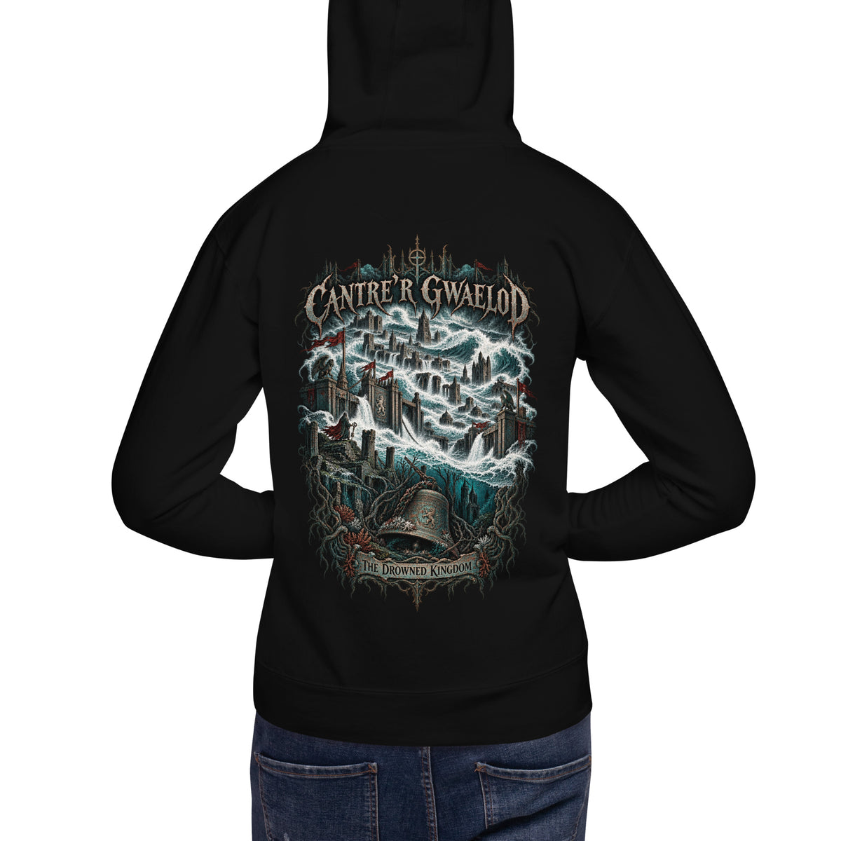 Back view of Cantre'r Gwaelod black hoodie in the Corrupt Couture Welsh Legends collection