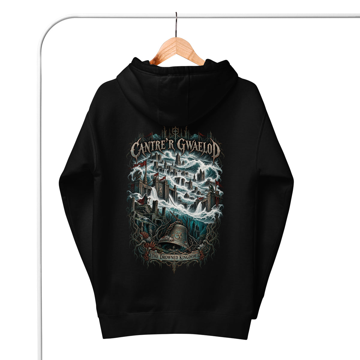 Back view of Cantre'r Gwaelod black hoodie in the Corrupt Couture Welsh Legends collection