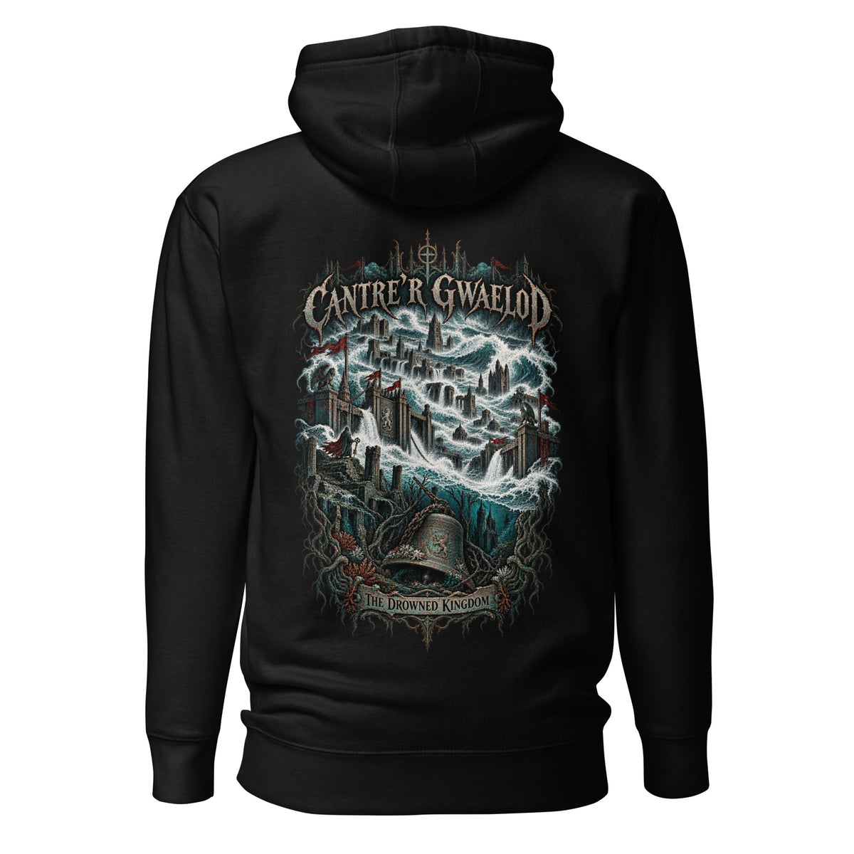Back view of Cantre'r Gwaelod black hoodie in the Corrupt Couture Welsh Legends collection