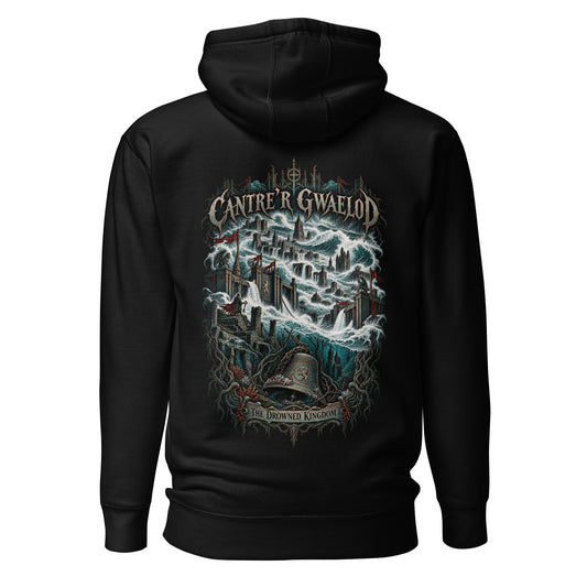 Back view of Cantre'r Gwaelod black hoodie in the Corrupt Couture Welsh Legends collection
