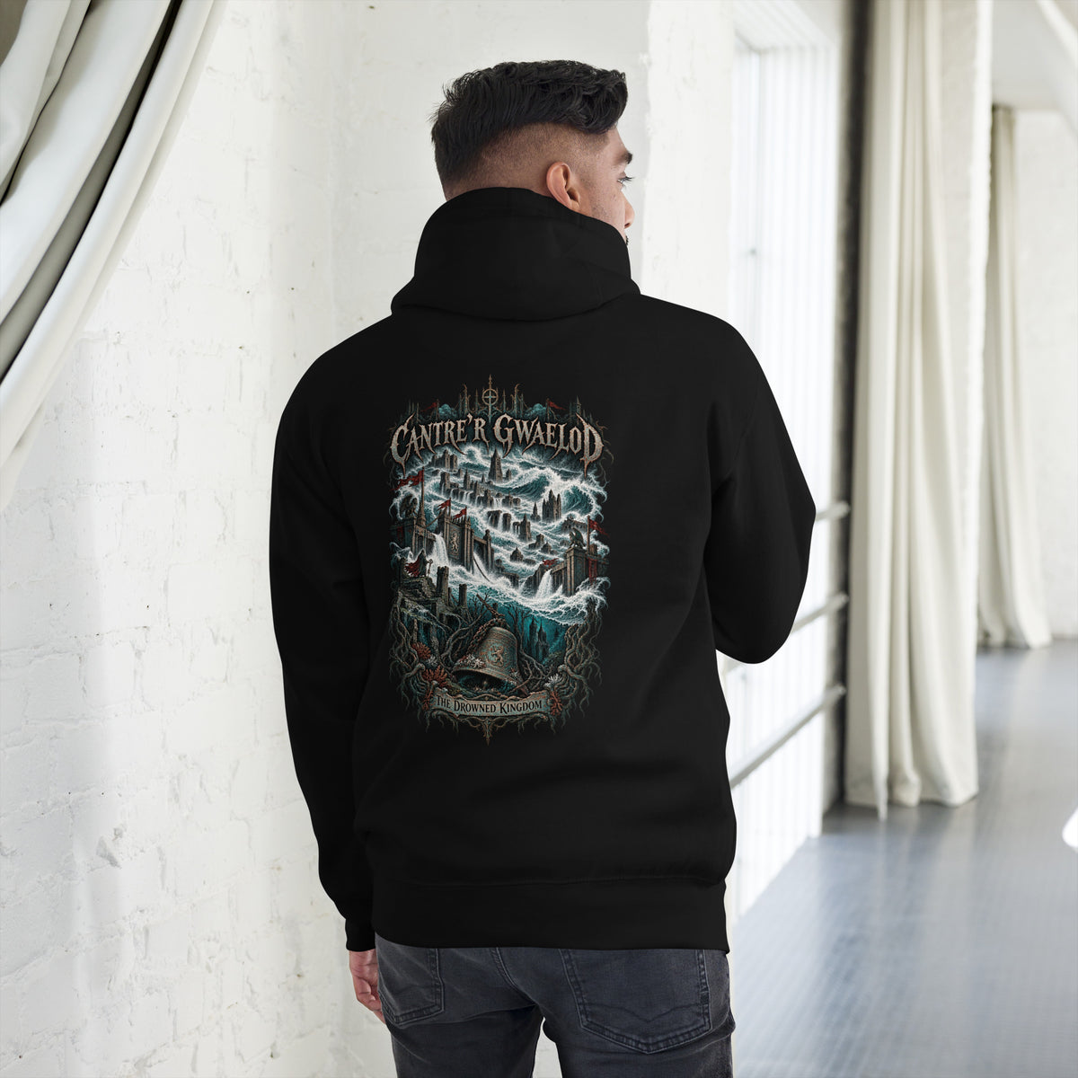 Back view of Cantre'r Gwaelod black hoodie in the Corrupt Couture Welsh Legends collection