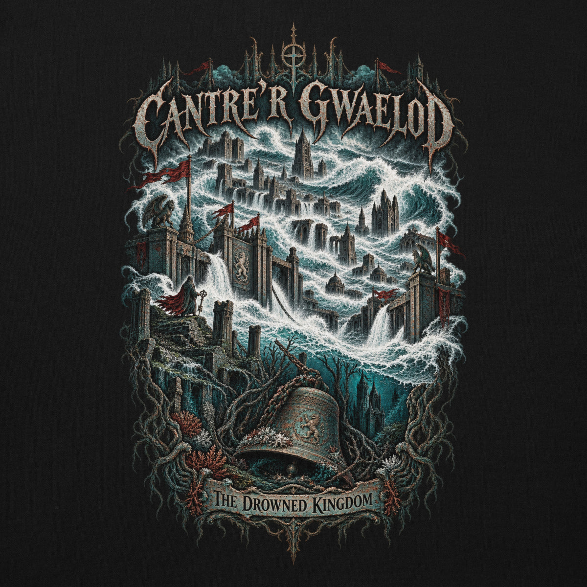 Back view of Cantre'r Gwaelod black hoodie in the Corrupt Couture Welsh Legends collection