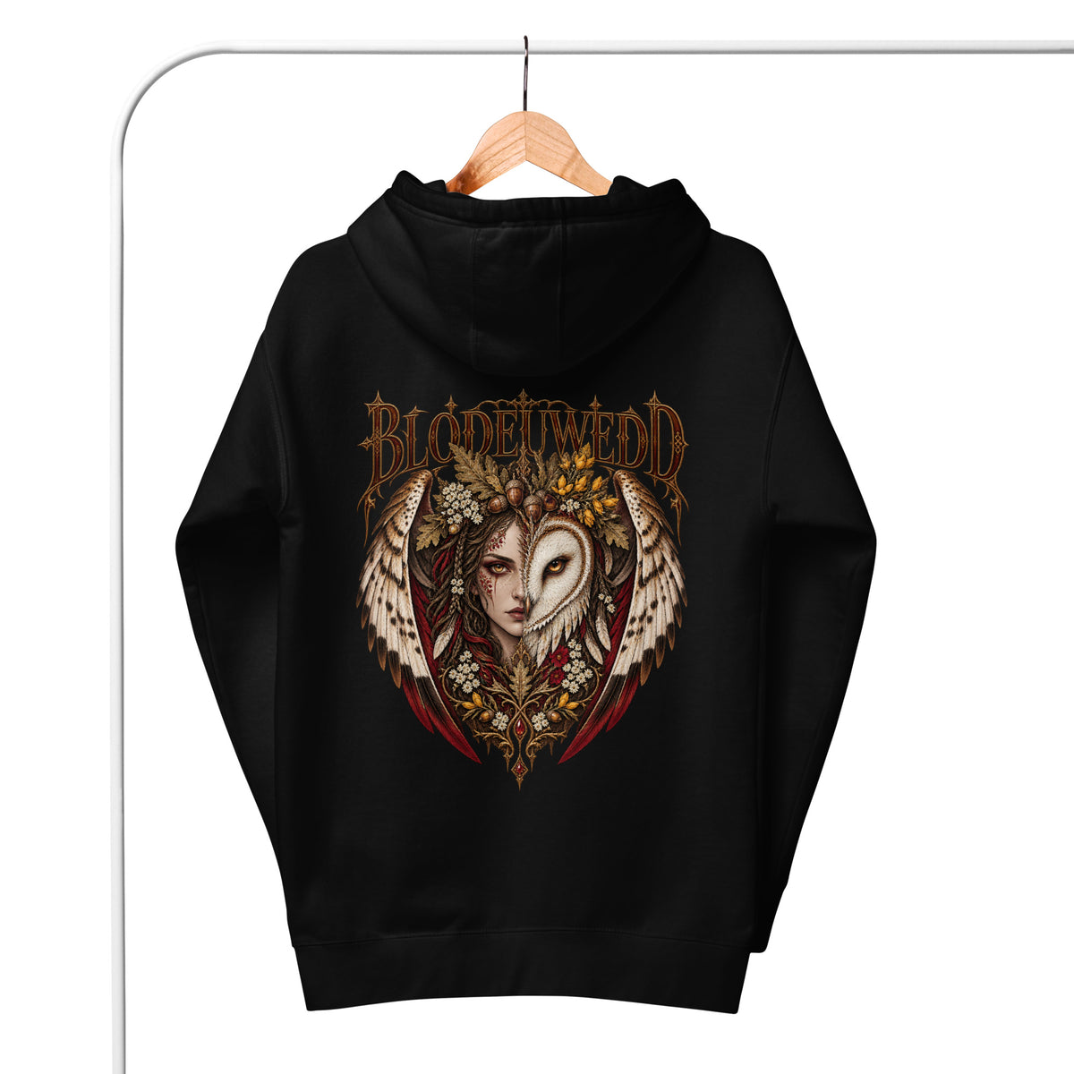 Back-view mockup of Blodeuwedd black hoodie from Corrupt Couture's Mabinogion collection