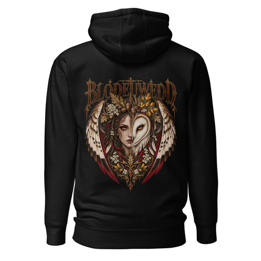 Back view of black Corrupt Couture Blodeuwedd hoodie, The Mabinogion collection