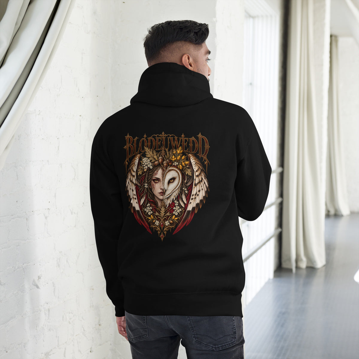 Back-view mockup of Blodeuwedd black hoodie from Corrupt Couture's Mabinogion collection