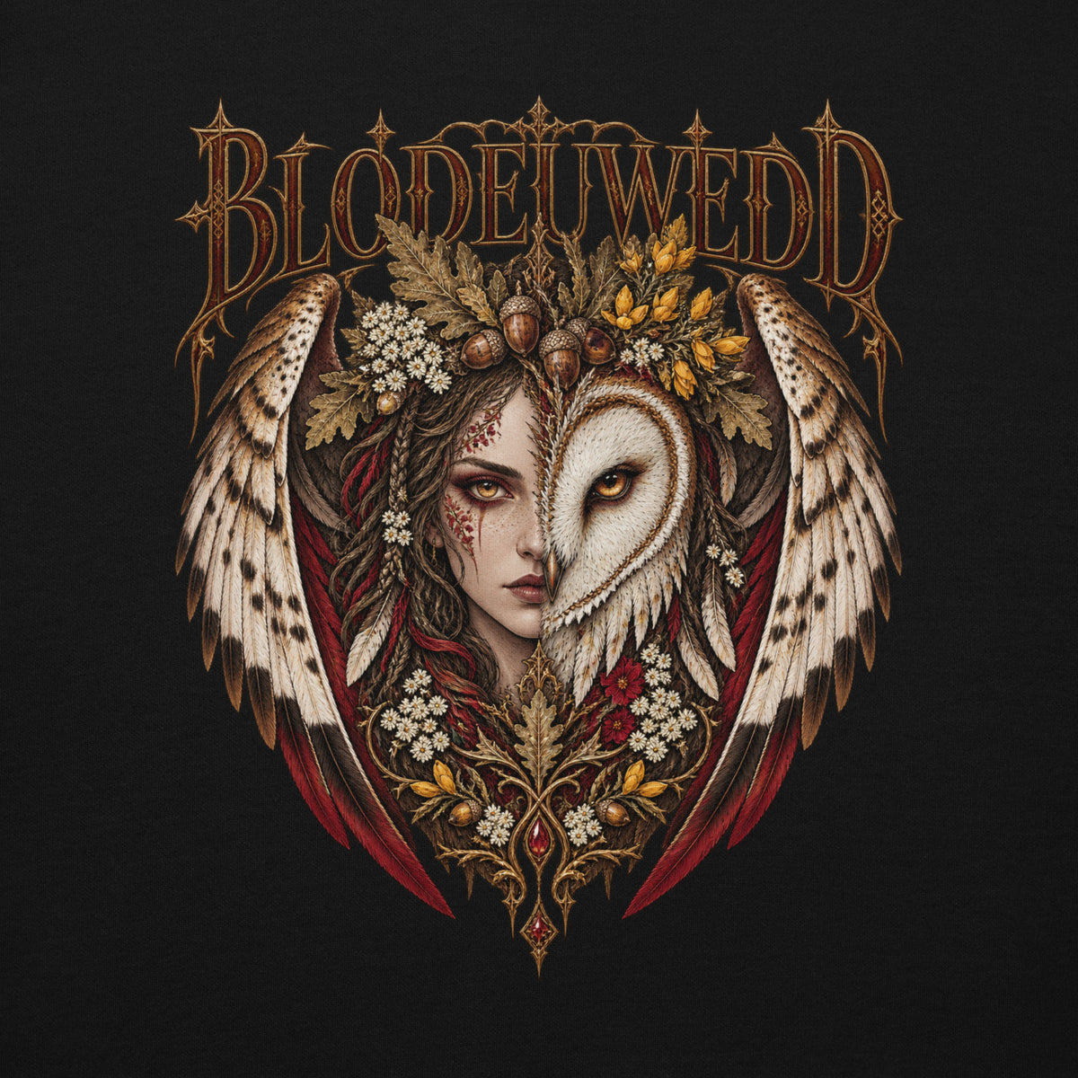 Back-view mockup of Blodeuwedd black hoodie from Corrupt Couture's Mabinogion collection