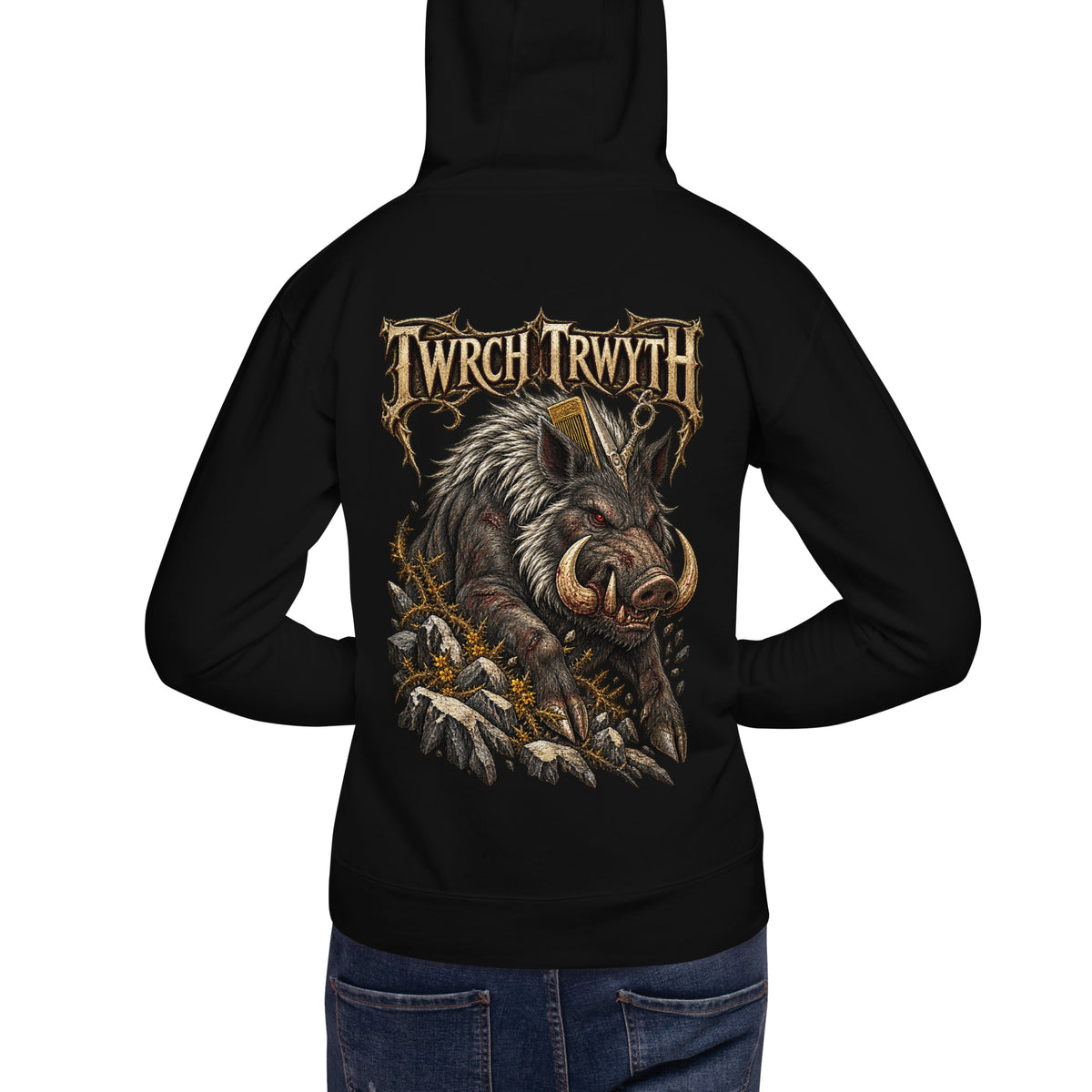 Back-view mockup of Twrch Trwyth black hoodie from Corrupt Couture's Mabinogion collection