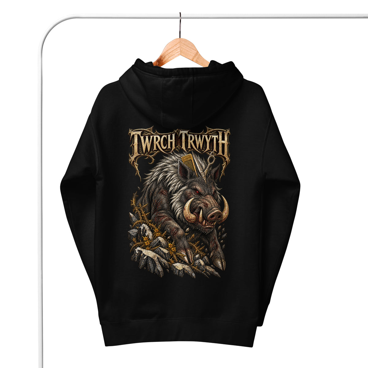 Back-view mockup of Twrch Trwyth black hoodie from Corrupt Couture's Mabinogion collection