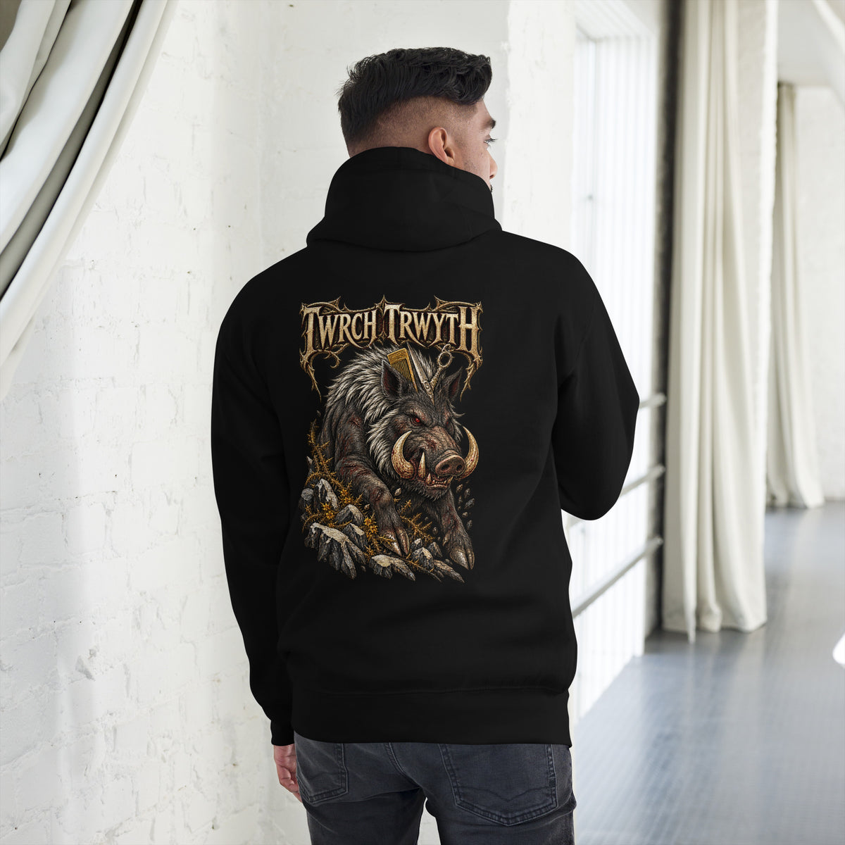 Back-view mockup of Twrch Trwyth black hoodie from Corrupt Couture's Mabinogion collection