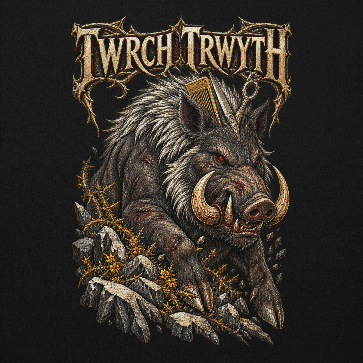 Back-view mockup of Twrch Trwyth black hoodie from Corrupt Couture's Mabinogion collection