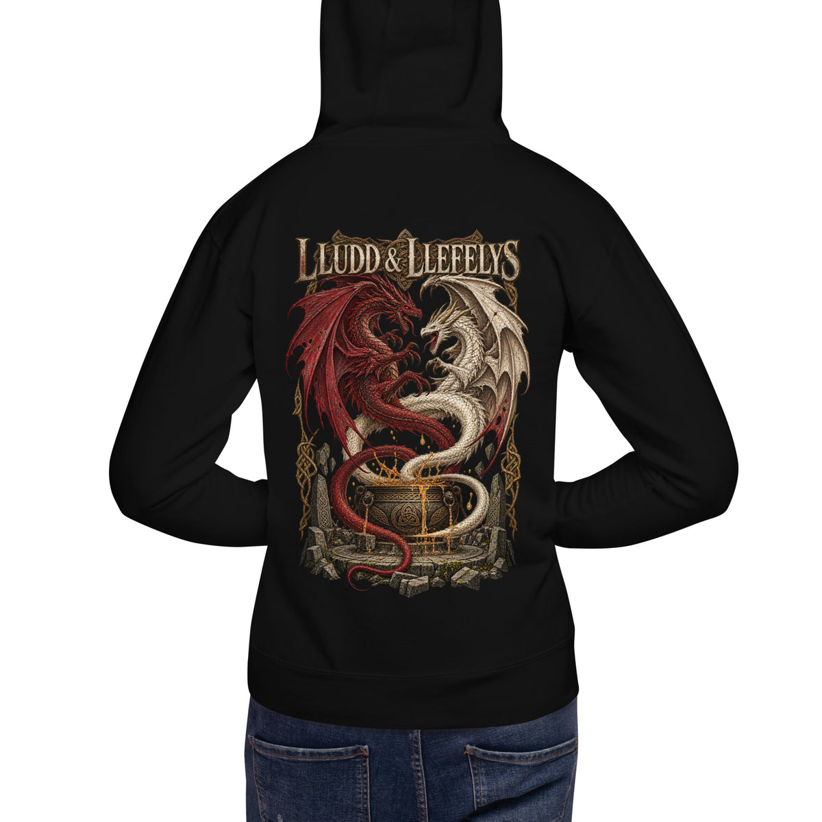 Back-view mockup of Lludd & Llefelys black hoodie from Corrupt Couture's Mabinogion collection