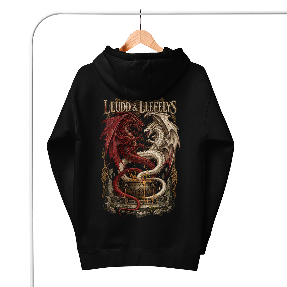 Back-view mockup of Lludd & Llefelys black hoodie from Corrupt Couture's Mabinogion collection