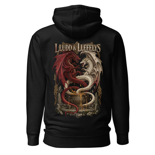 Back view of black Corrupt Couture Lludd and Llefelys hoodie, The Mabinogion collection