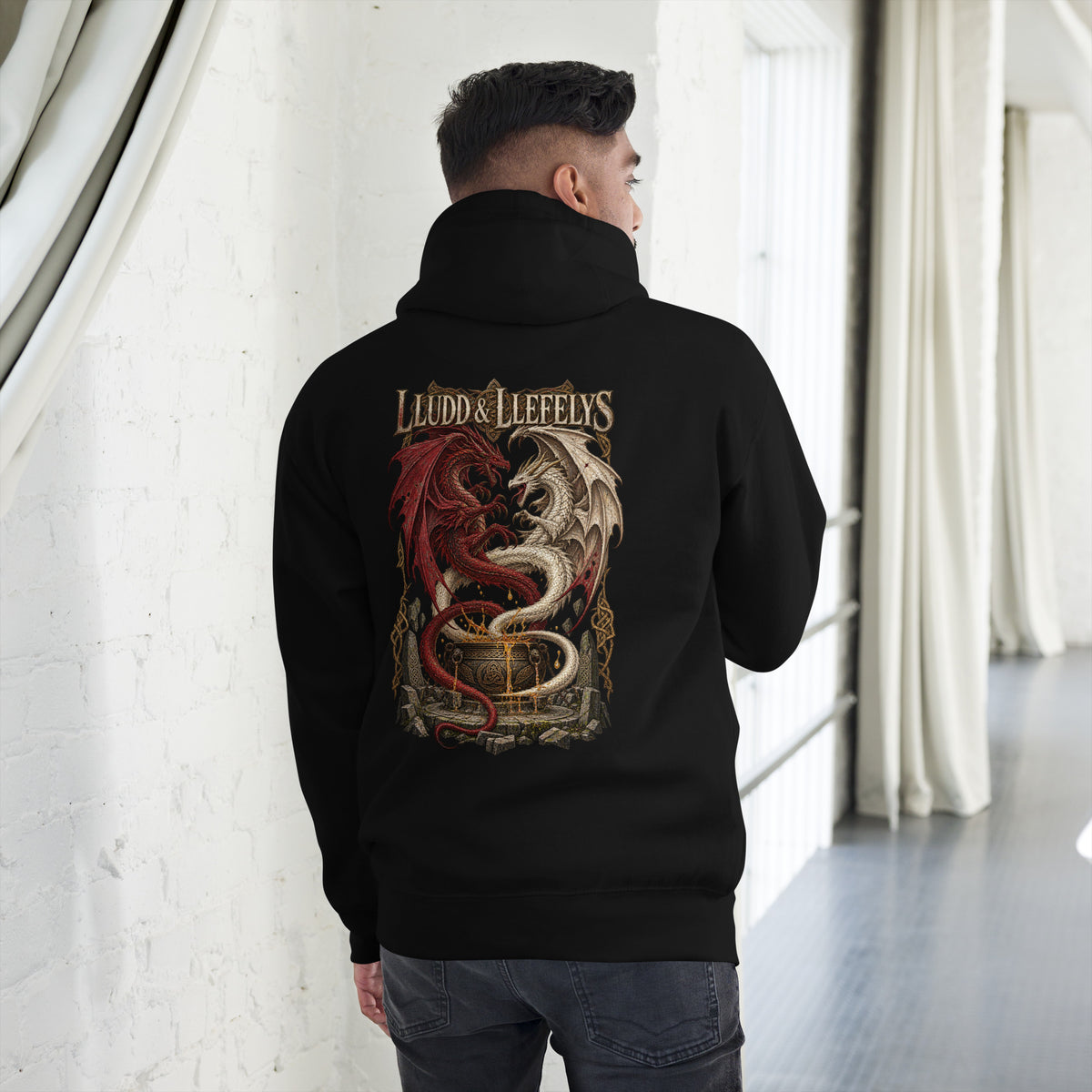 Back-view mockup of Lludd & Llefelys black hoodie from Corrupt Couture's Mabinogion collection