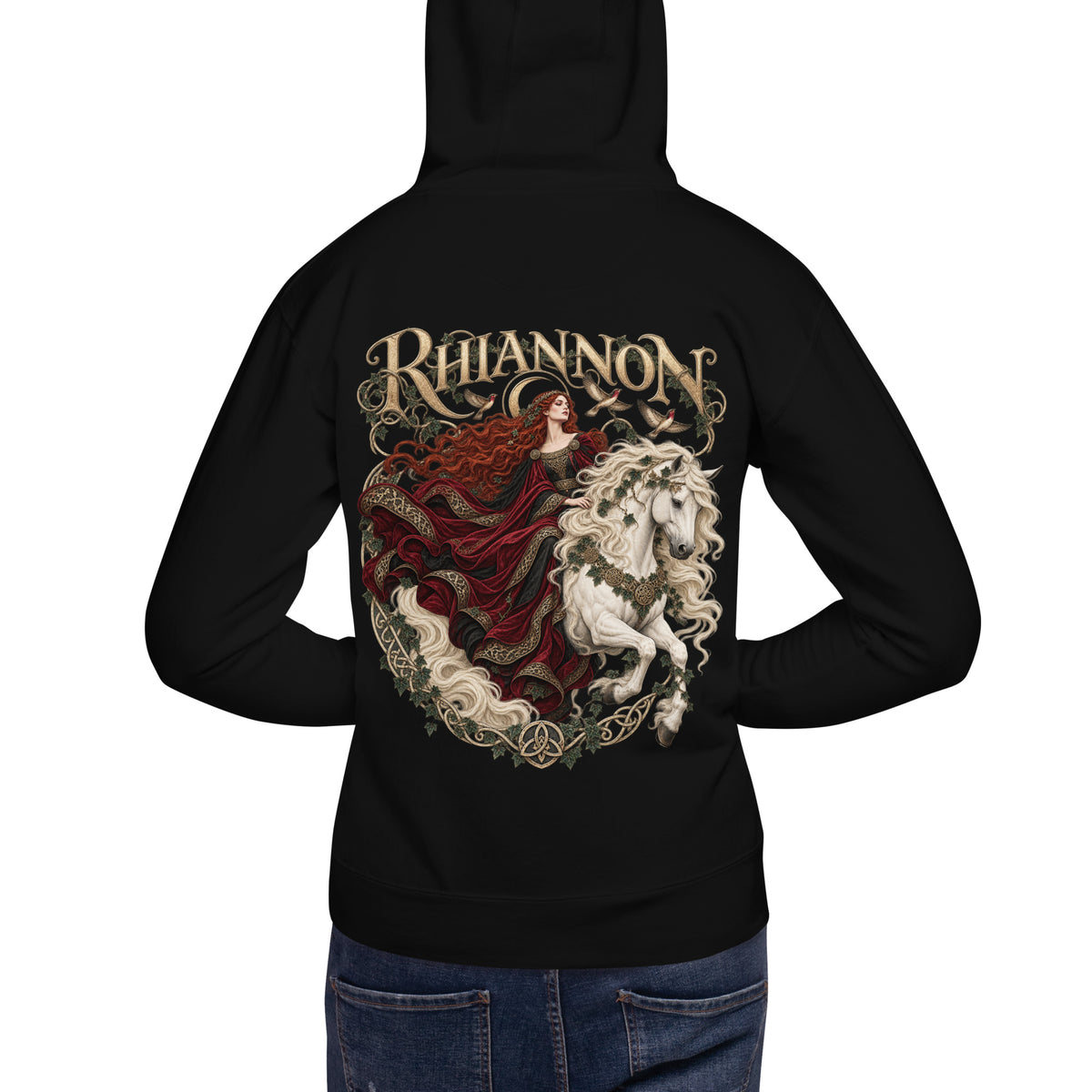 Back-view mockup of Rhiannon black hoodie from Corrupt Couture's Mabinogion collection