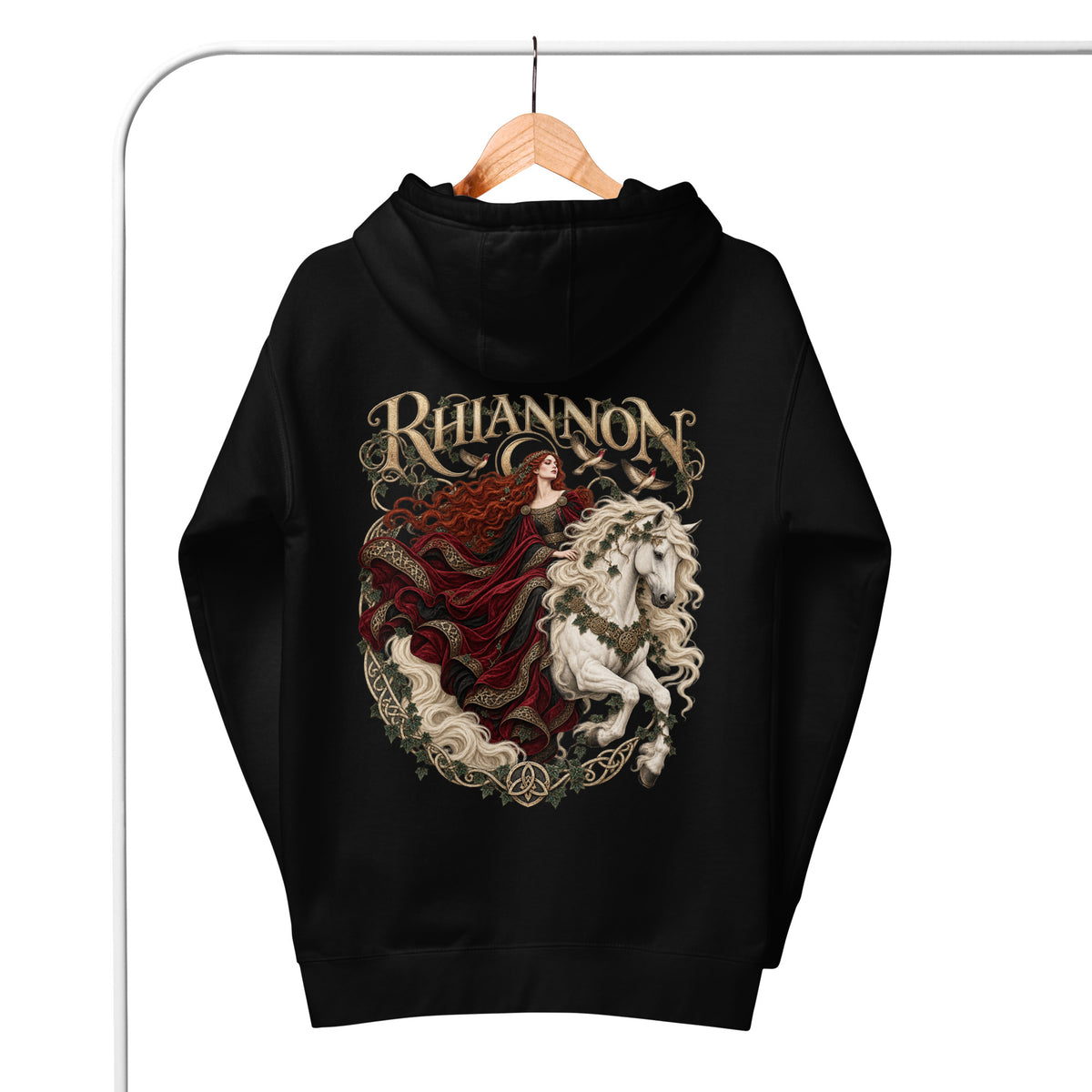 Back-view mockup of Rhiannon black hoodie from Corrupt Couture's Mabinogion collection