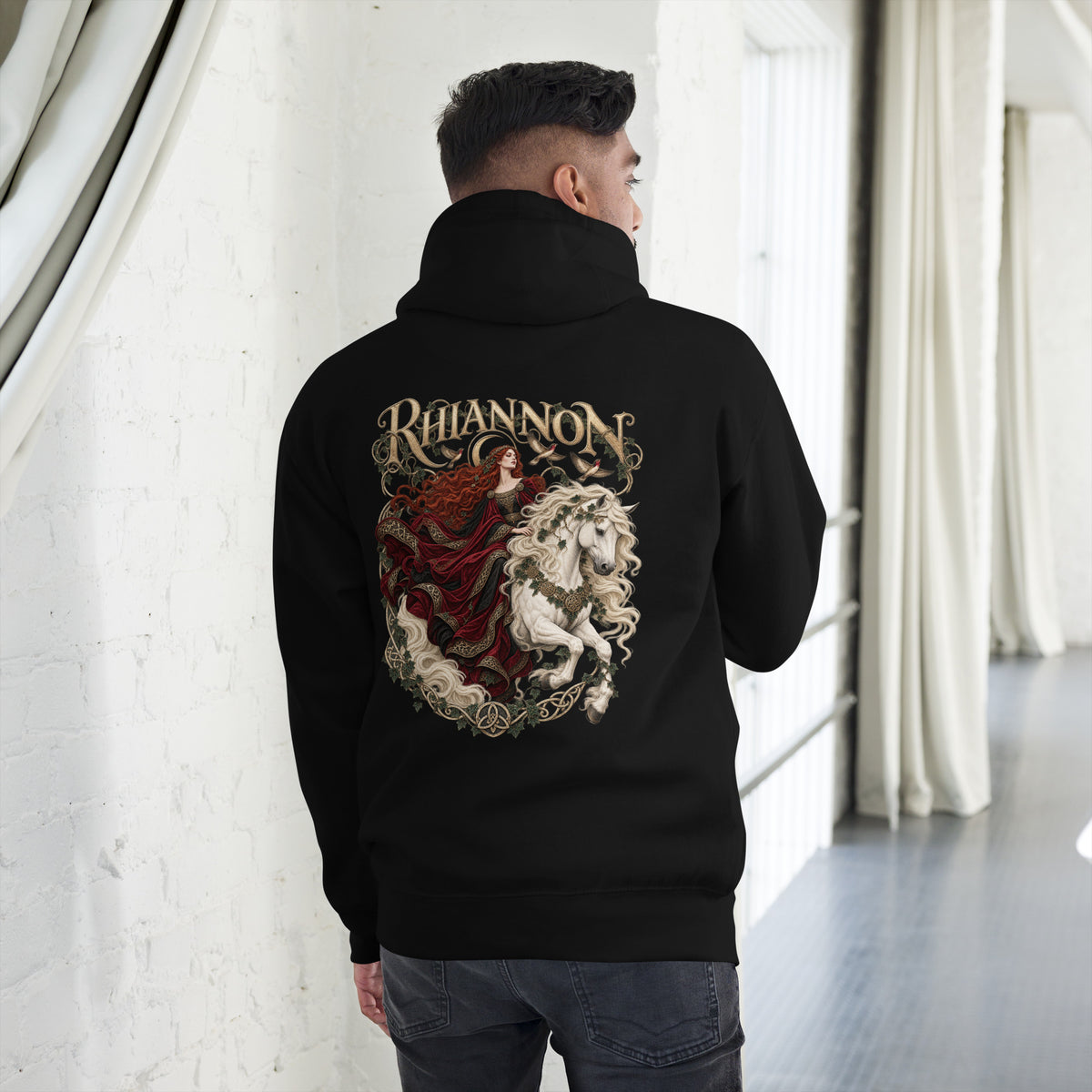 Back-view mockup of Rhiannon black hoodie from Corrupt Couture's Mabinogion collection