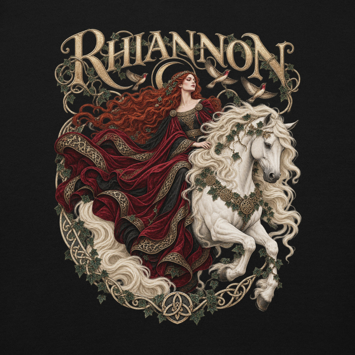 Back-view mockup of Rhiannon black hoodie from Corrupt Couture's Mabinogion collection